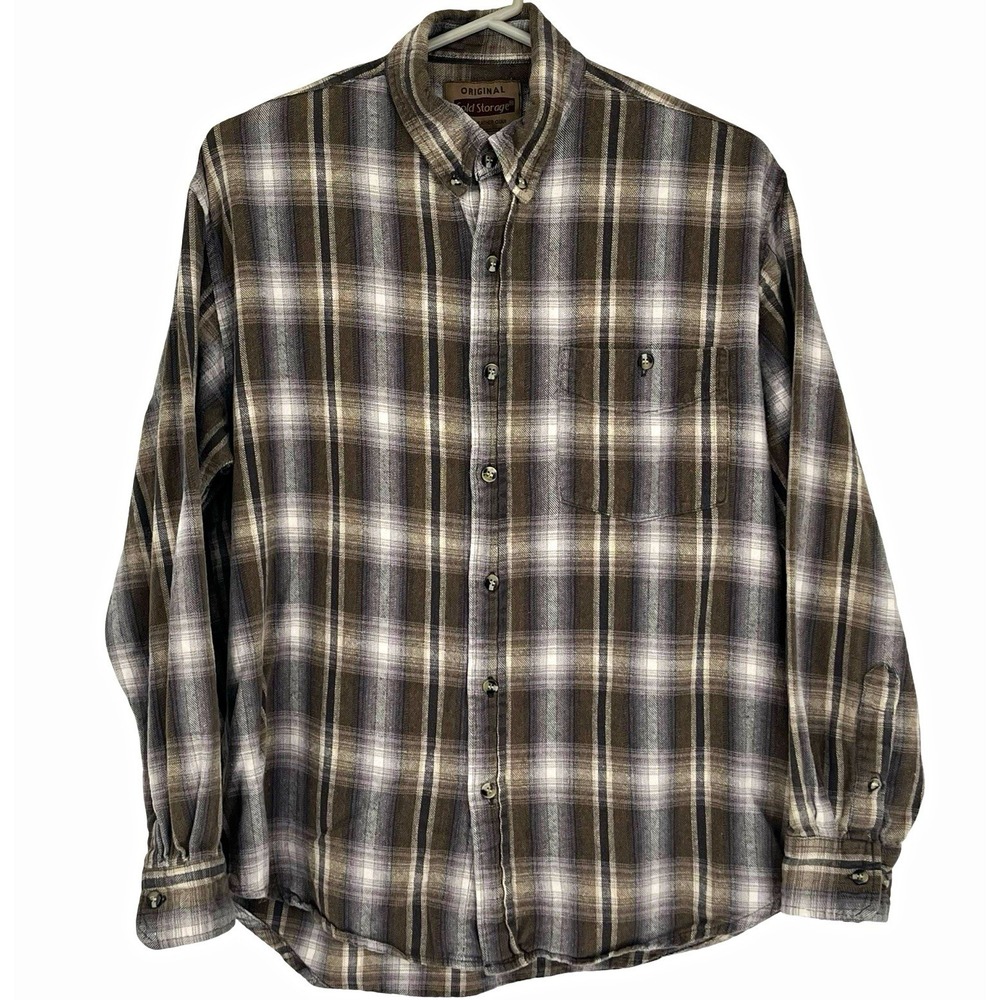 Cold Storage Men's M Flannel Shirt Brown Gray Plaid 100% Cotton Outdoor Workwear